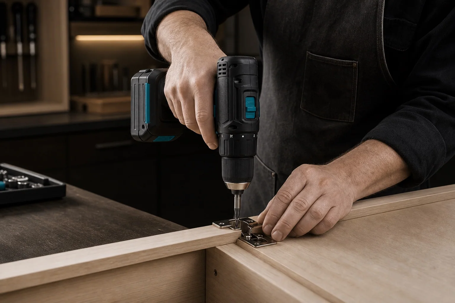 Workshop assembly with a MINLI cordless drill